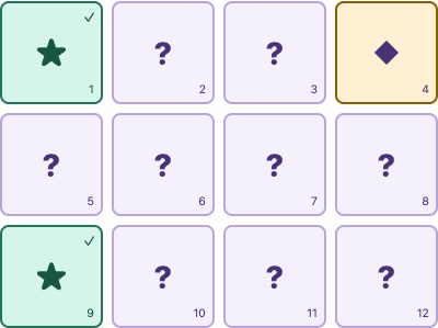 Memory Pairs board with two matched stars and one diamond revealed.