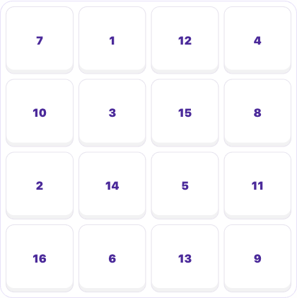 Number Puzzle board showing the numbers 1 to 16 in a mixed order.